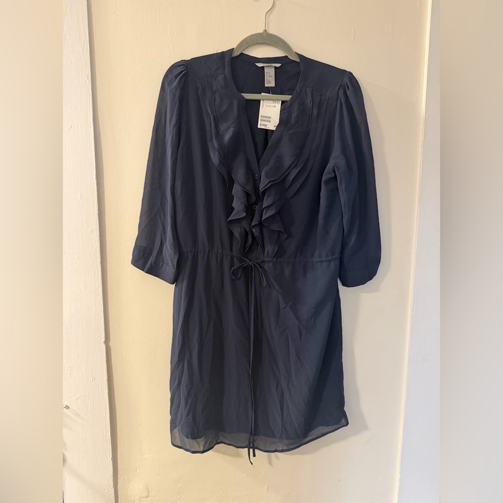 H&M Navy Ruffled V-Neck Drawstring Long Sleeve Dress